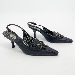 Prada Vintage Black Pebbled Leather Fringe Square Toe Slingback Heels IT 37